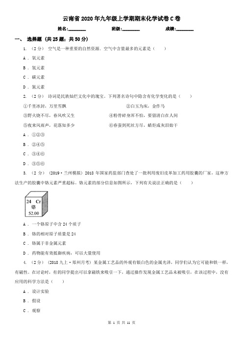 云南省2020年九年级上学期期末化学试卷C卷
