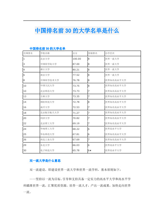 中国排名前30的大学名单是什么