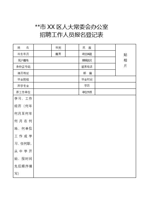 XX市XX区人大常委会办公室招聘工作人员报名登记表【模板】