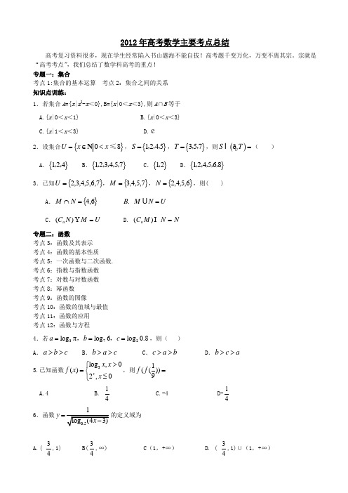 2012年高考数学主要考点文总结