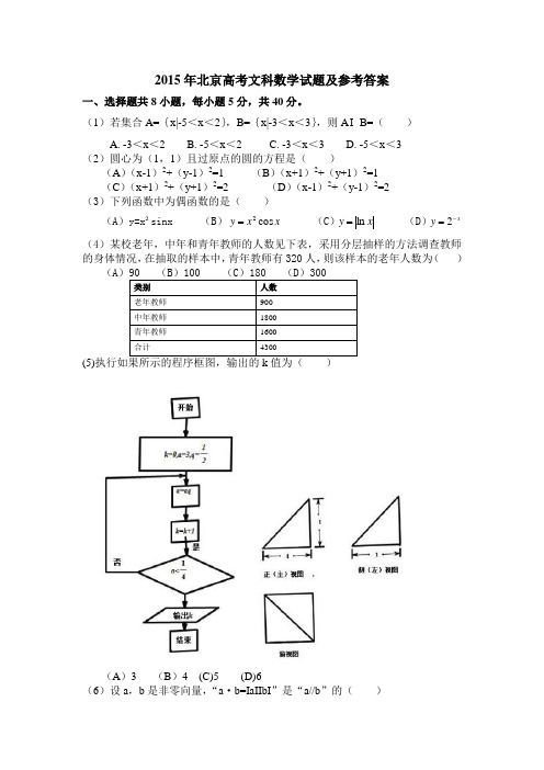 2015年北京高考文科数学试题及参考答案