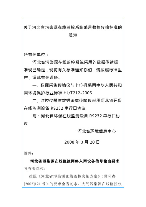 关于河北省污染源在线监控系统采用数据传输标准的通知2