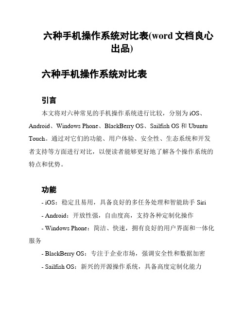 六种手机操作系统对比表(word文档良心出品)