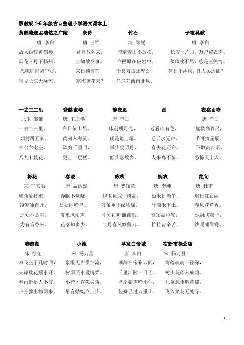 鄂教版1-6年级古诗整理小学语文课本上