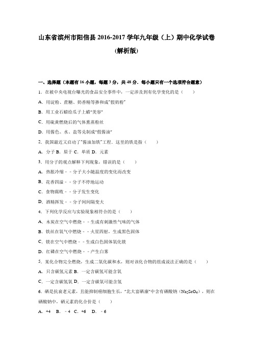 山东省滨州市阳信县2016-2017学年九年级(上)期中化学试卷(解析版)
