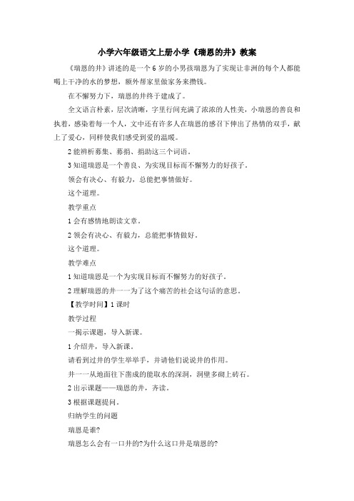 最新-小学六年级语文上册小学《瑞恩的井》教案 精品
