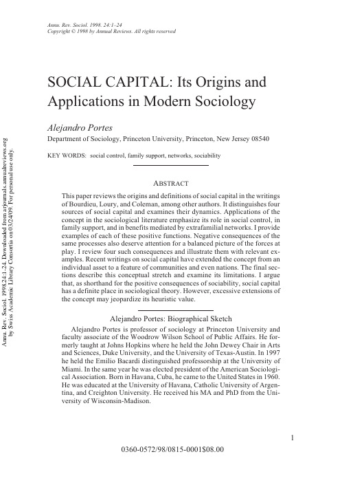 SOCIAL CAPITAL Its Origins and Applications in Modern Sociology
