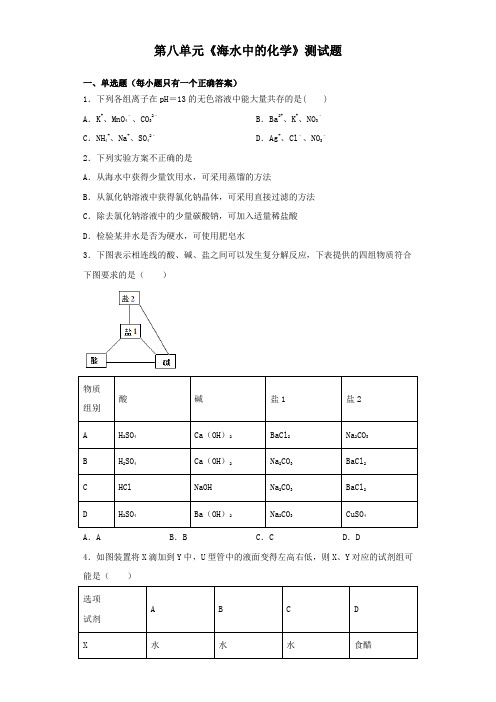 鲁教版初中化学九年级下册第八单元《海水中的化学》测试题(含答案)