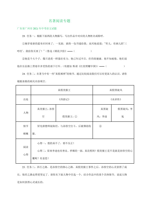 2021年全国部分地区中考语文试题精选汇编：名著阅读专题(含解析)