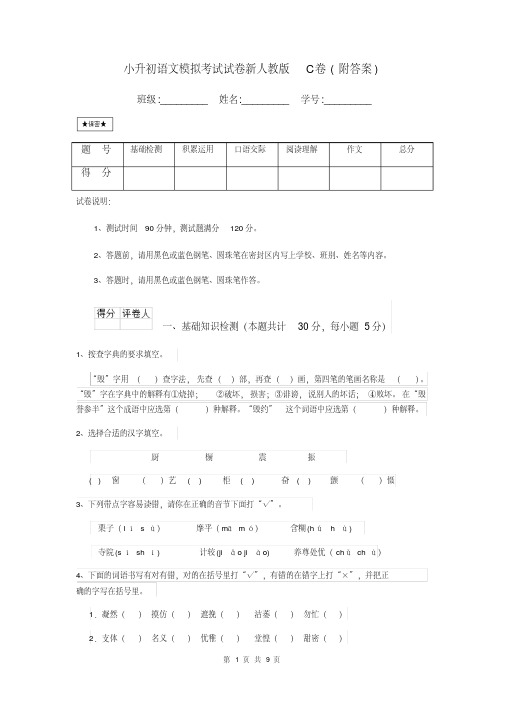 小升初语文模拟考试试卷新人教版C卷(附答案)