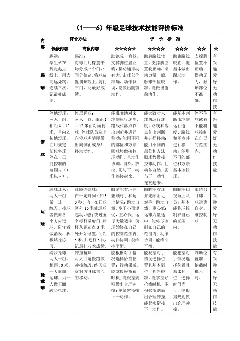 1——6年级足球技术技能评价标准