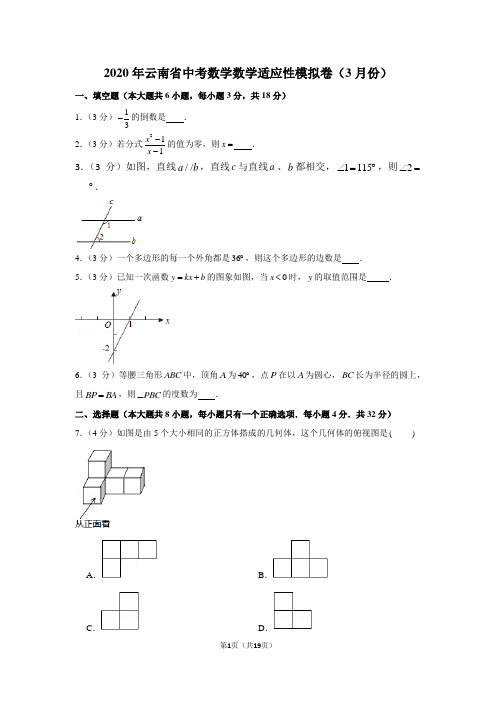 2020年云南省中考数学数学适应性模拟卷(3月份)
