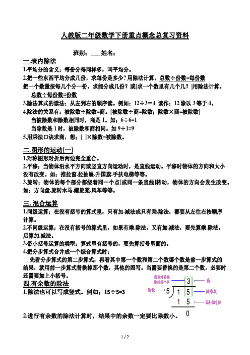 人教版二年级数学下册重点概念总复习资料
