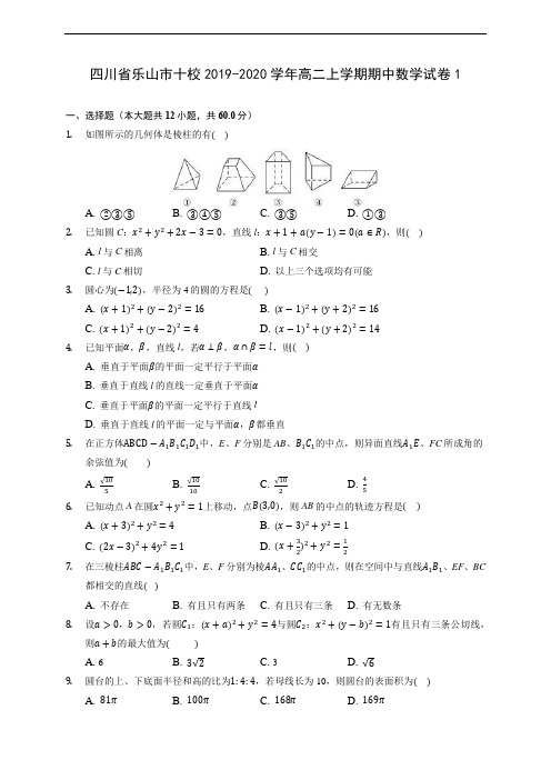 四川省乐山市十校2019-2020学年高二上学期期中数学试卷1 (有解析)