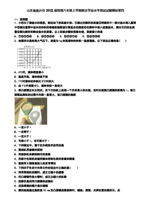 山东省临沂市2021届物理八年级上学期期末学业水平测试试题模拟卷四