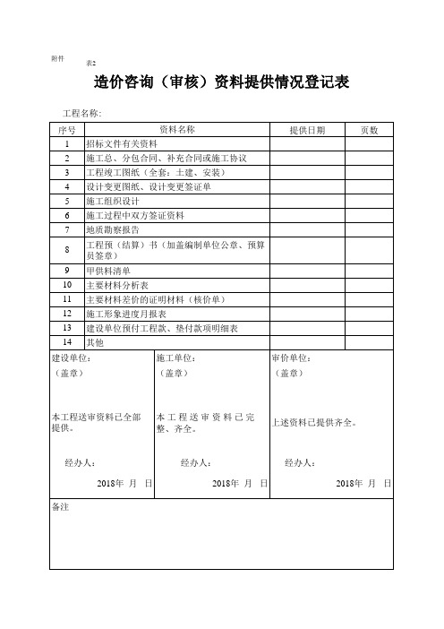 造价咨询(审核)资料提供情况登记表