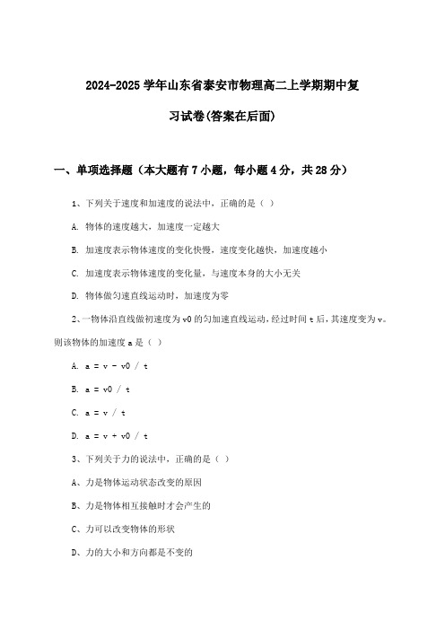 山东省泰安市物理高二上学期期中试卷与参考答案(2024-2025学年)