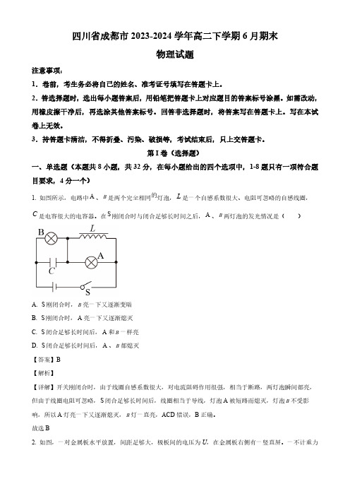 四川省成都市2023-2024学年高二下学期6月期末物理试题(解析版)