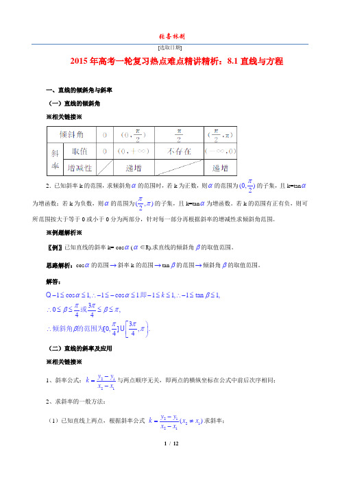 2015年高考数学一轮复习热点难点精讲精析：8.1直线与方程