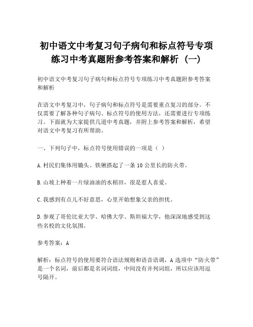 初中语文中考复习句子病句和标点符号专项练习中考真题附参考答案和解析 (一)