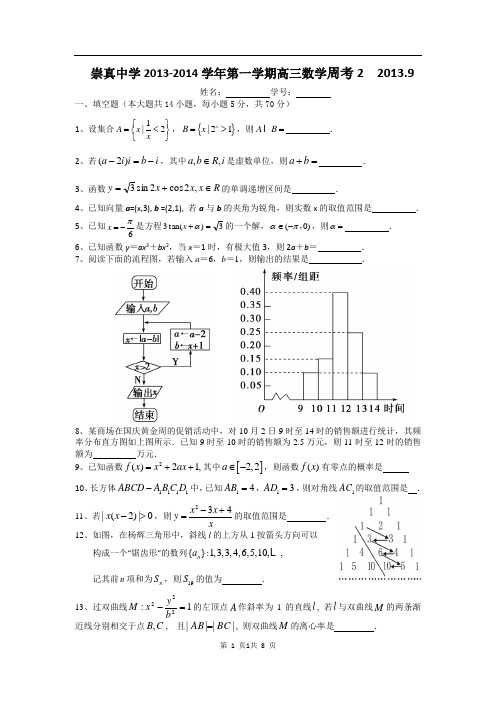 张家港市崇真中学2014届高三9月周考2数学试题  含解答