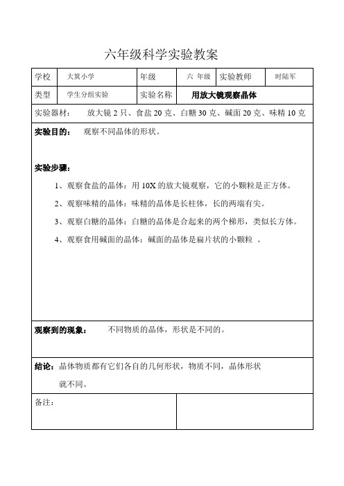 科学教科版六年级下册实验教案