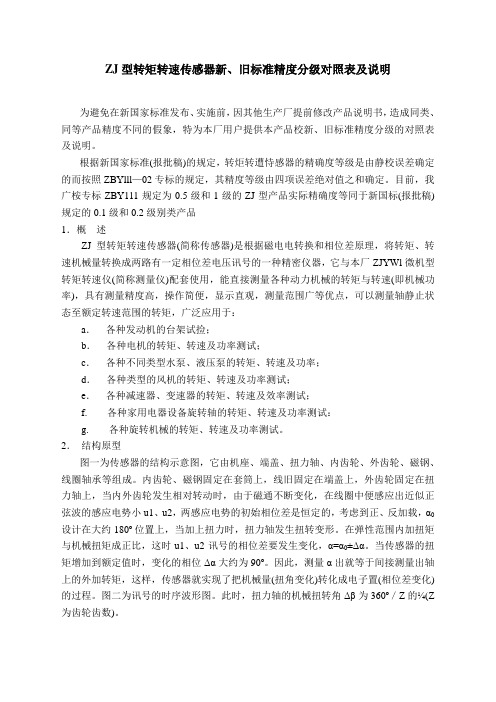 ZJ型转矩转速传感器新旧标准精度分级对照表及说明