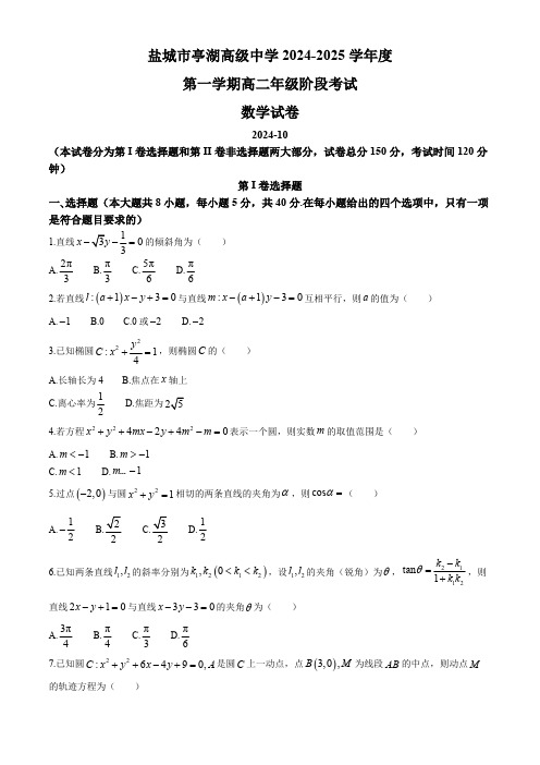 江苏省盐城市亭湖高级中学2024-2025学年高二上学期10月月考数学试卷(无答案)