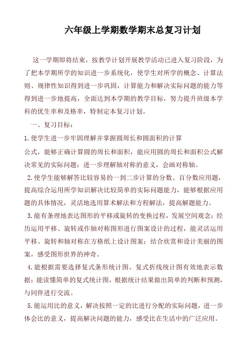 2019-2020年六年级上学期数学期末总复习计划