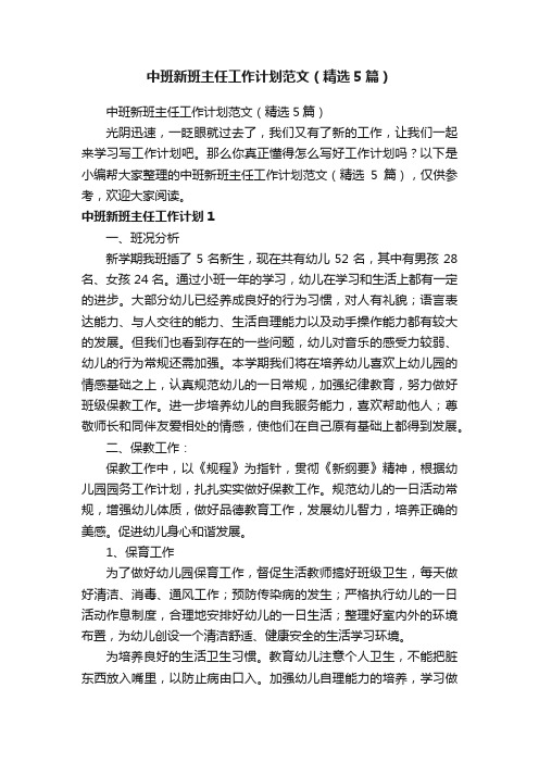 中班新班主任工作计划范文（精选5篇）