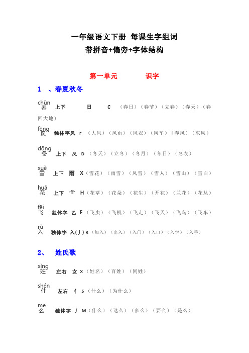 一年级语文下册 每课生字组词,带拼音+偏旁+字体结构