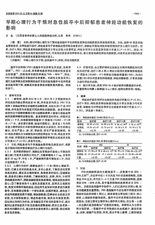 早期心理行为干预对急性脑卒中后抑郁患者神经功能恢复的影响