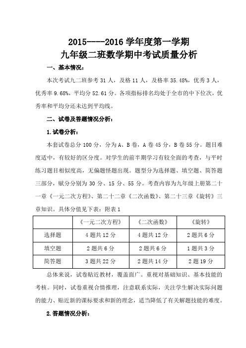 2015-2016学年度第一学期九年级二班数学期中考试质量分析