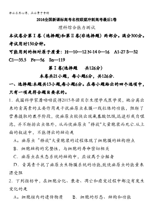 安徽省名校联盟2016年高考最后一卷理科综合试题 含解析