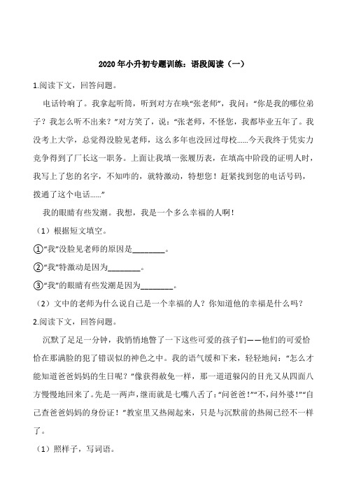 六年级下册语文试题--2020年小升初专题训练：语段阅读(一)人教部编版(含答案)