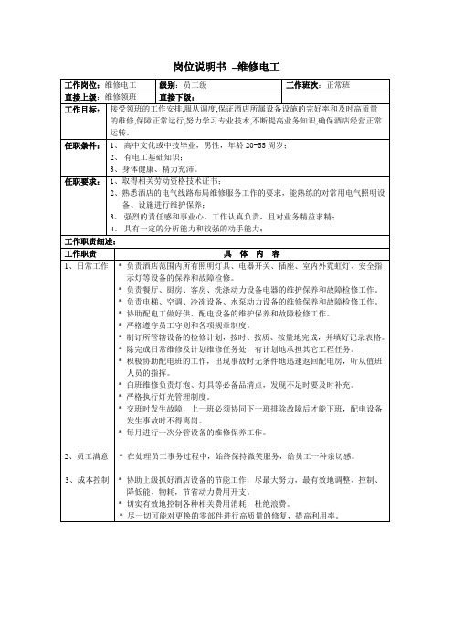 岗位说明书维修电工