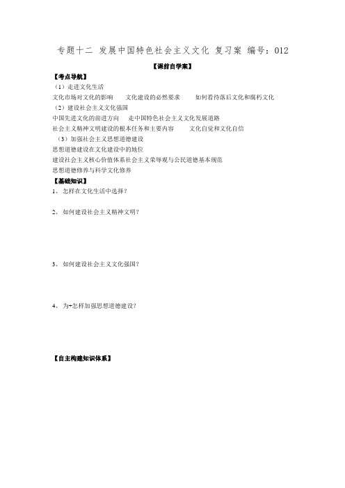 山东省高密市第四中学2016届人教版高三二轮复习专题十二;发展中国特色社会主义文化.doc