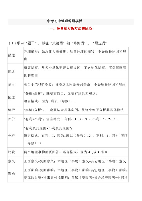 中考初中地理答题模板