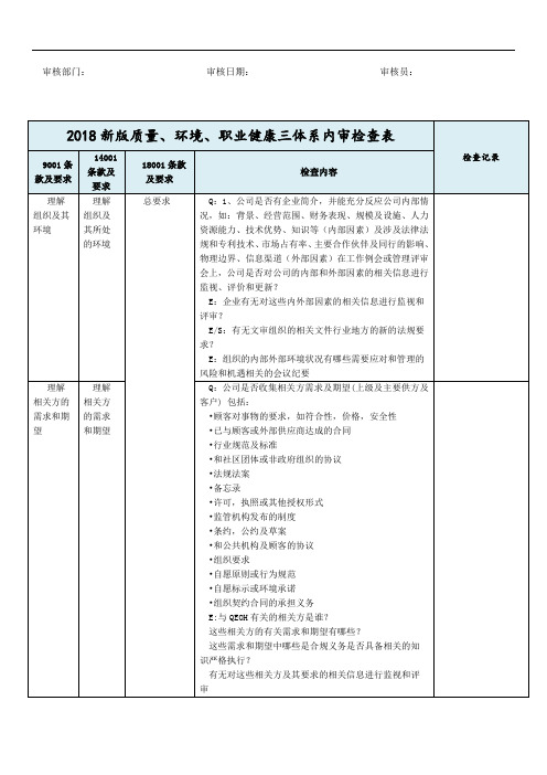 2018年新版三体系内审检查表