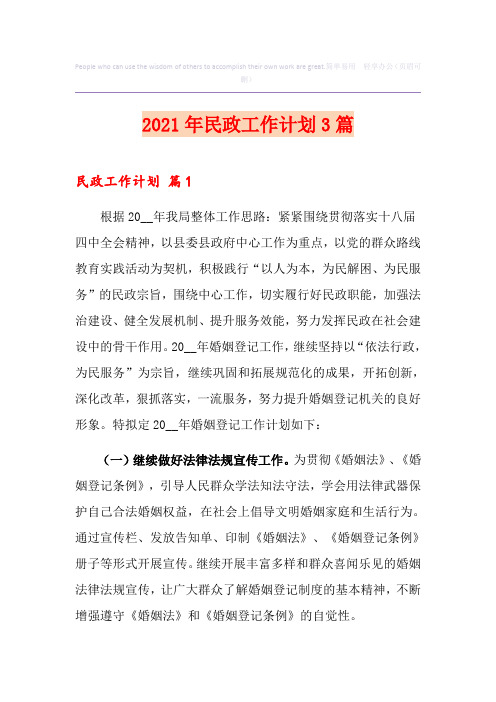2021年民政工作计划3篇(精选模板)