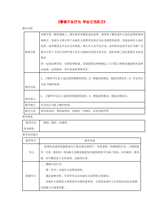 八年级道德与法治上册第十一课对违法说“不”(警惕不良行为学会正当防卫)教案人民版