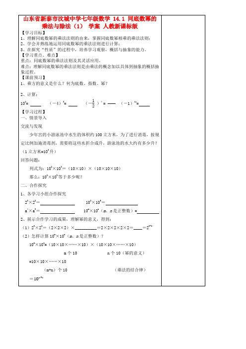 山东省新泰市汶城中学七年级数学 14.1 同底数幂的乘法与除法(1)学案(无答案) 人教新课标版