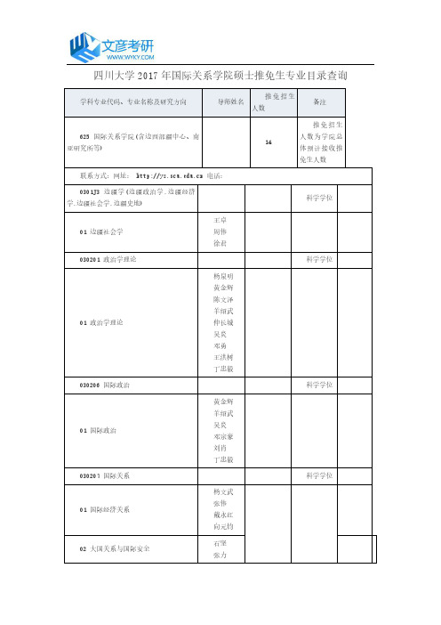 四川大学2017年国际关系学院硕士推免生专业目录查询