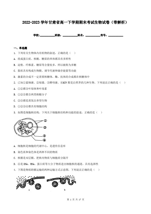 2022-2023学年甘肃省高一下学期期末考试生物试卷(带解析)
