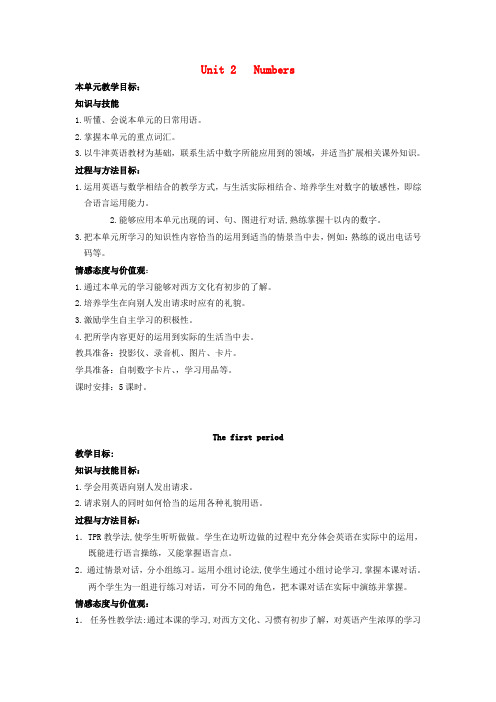 2017年秋季学期沪教牛津版一年级英语上册 Unit 2 Numbers(Lesson1)教案