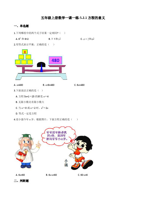 五年级上册数学一课一练-5.2.1方程的意义 人教新版(含答案)