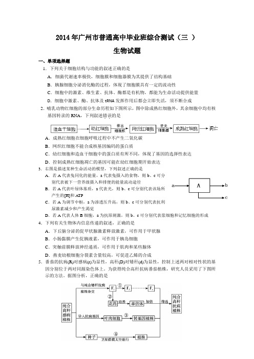 广东省广州市2014年高三三模理综(生物)试题
