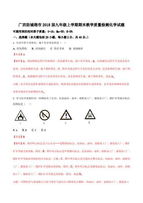 广西防城港市2018届九年级上学期期末教学质量检测化学试题(解析版)