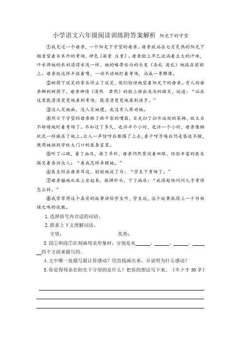 小学语文六年级阅读训练附答案解析 阳光下的守望