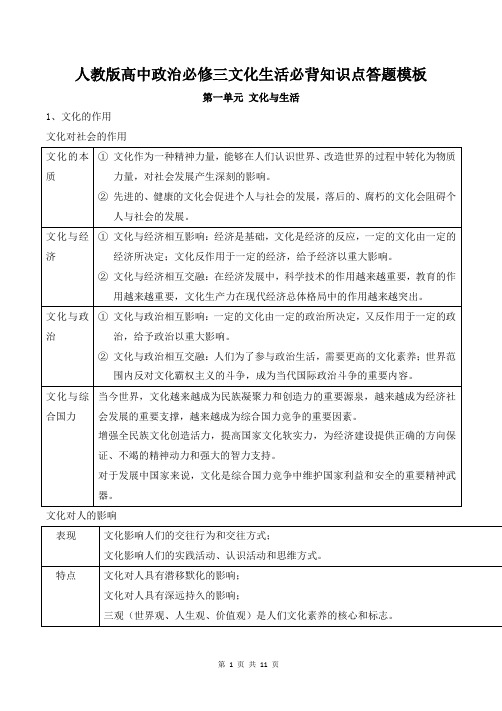 人教版高中政治必修三文化生活必背知识点答题模板